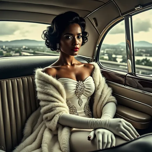 Prompt: Seated elegantly in the plush interior of a vintage car, a stunning black woman captivates with her striking beauty and poised demeanor. Her rich, dark curls frame her face, accentuating her dramatic red lips and captivating gaze, while she dons a luxurious strapless gown adorned with shimmering details and a white fur shawl. In her hand rests a delicate glass, hinting at a moment of leisure amid a timeless journey. The backdrop reveals a sweeping vista through the car window, where a muted landscape blends with brooding skies, evoking a sense of nostalgia and sophistication. The soft lighting enhances the glamorous atmosphere, blending seamlessly with the luxurious style of mid-20th-century elegance.