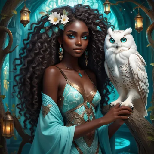 Prompt: (beautiful young black woman), full body, vibrant fantasy style, dark chocolate skin, luxurious white curly/coily hair, striking turquoise eyes, pet white owl, magical atmosphere, enchanting light, whimsical background filled with fantastical elements, lush colors, dreamy vibe, high depth, ultra-detailed, captivating and imaginative composition.