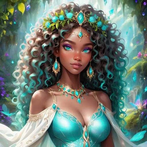 Prompt: (beautiful young black woman), vibrant fantasy style, full body, dark chocolate skin, luxurious white curly/coily hair, striking turquoise eyes, a diadem, magical atmosphere, enchanting light, whimsical background filled with fantastical elements, lush colors, dreamy vibe, high depth, ultra-detailed, captivating and imaginative composition.