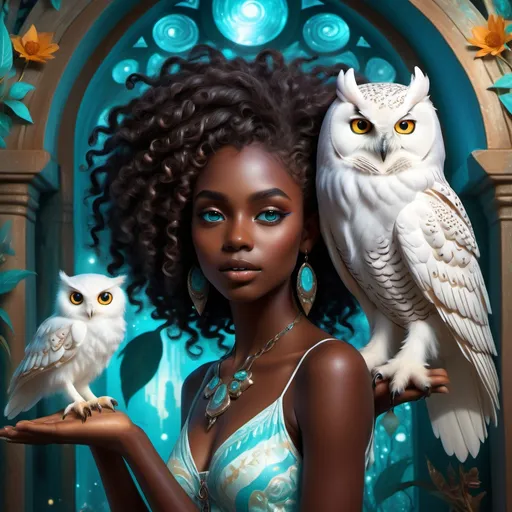 Prompt: (beautiful young black woman), full body, vibrant fantasy style, dark chocolate skin, luxurious white curly/coily hair, striking turquoise eyes, pet white owl, magical atmosphere, enchanting light, whimsical background filled with fantastical elements, lush colors, dreamy vibe, high depth, ultra-detailed, captivating and imaginative composition.