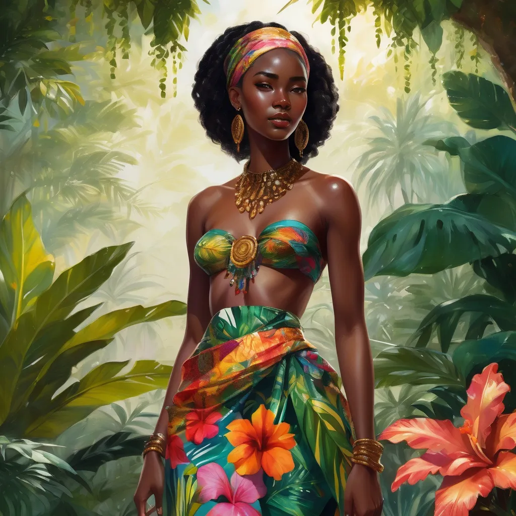 Prompt: Full body, Fantasy illustration of a black female noble woman, 21 years old, beautiful, black skin, elegant hairstyle, colorfull and elegant african-style garment, delicate jewellery, shamefull expression, high quality, rpg-fantasy, detailed, in a tropical garden