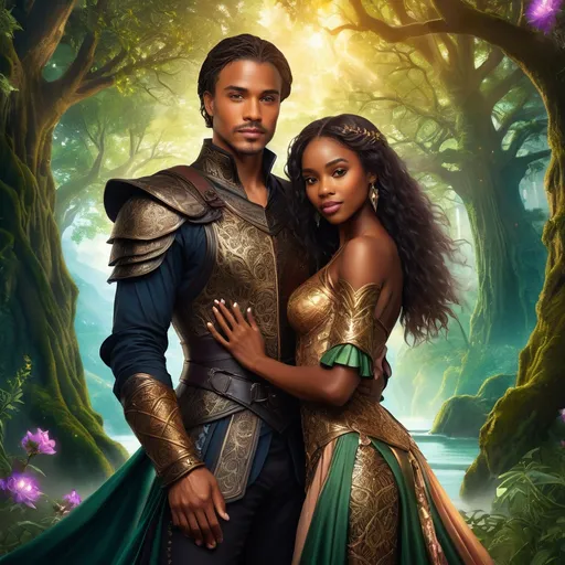 Prompt: A romantic fantasy novel cover featuring a handsome man with noble features and a confident expression, gently holding a stunning Black woman with radiant skin and a graceful pose. They stand amidst a breathtaking, enchanted landscape with glowing flora and mystical light filtering through ancient, towering trees. Both are dressed in intricate fantasy outfits: the man in elegant armor with ornate engravings, the woman in flowing, shimmering robes adorned with delicate gemstones and feathered accents. Soft, magical illumination surrounds them, creating a warm and enchanting atmosphere filled with wonder and intimacy. Rendered in cinematic lighting, photorealistic style with a touch of Dreamy watercolor illustration to evoke fantasy romance and magical allure.
