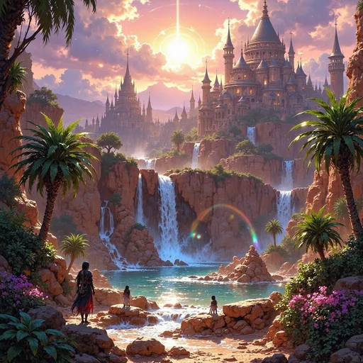 Prompt: Big kingdom, large desert oasis, water spring, waterfalls, trees, greenry, dramatic fantasy settlement scene, cinematic lighting