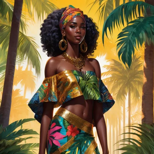 Prompt: A full-body, highly detailed fantasy illustration of a beautiful 21-year-old black noble woman with radiant black skin, standing gracefully in a lush tropical garden bathed in warm, dappled sunlight filtering through towering palm trees. She wears a vibrant, colorful African-style garment with intricate patterns that flow elegantly around her, accented by delicate gold and beaded jewelry that glints softly. Her elegant hairstyle is styled with intricate braids and adornments, enhancing her regal presence. Her expression is shy and bashful, eyes cast downward with a gentle blush. The scene exudes a rich, magical atmosphere, with lush greenery, blooming tropical flowers, and a sense of serene enchantment. Rendered in a cinematic, photorealistic style with vibrant colors, fine details, and soft lighting to evoke an RPG-fantasy mood..