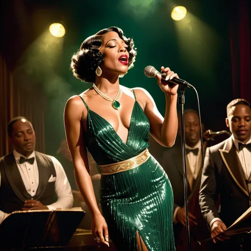 Prompt: A soulful black jazz singer, dressed in a luxurious 1920s style emerald dress, gold jewelry and a white lily in her fingerwaved hair, stands confidently center stage at the microphone, her voice pouring out like honey as she sings her heart out in a dimly lit, smoke-filled club, the air thick with the scent of cigarette smoke and whiskey, reminiscent of the iconic styles of Erté, Gustav Klimt, and Hopper, with bold, expressive brushstrokes and a muted, film noir-inspired color palette. The overall style is reminiscent of vintage art deco illustrations, enhancing the timeless elegance of their romance.
