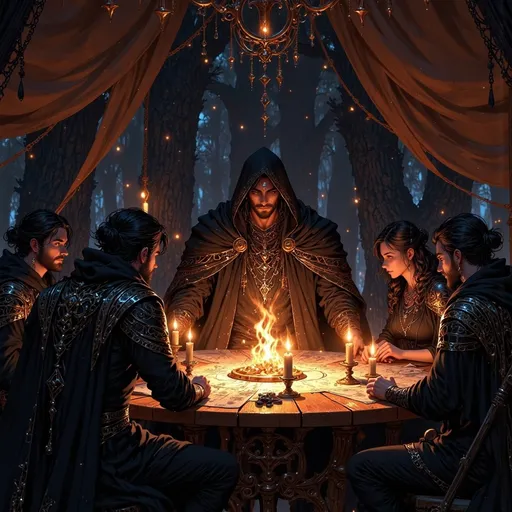 Prompt: In a dimly lit canvas tent, shadows dance around the flickering light of oil lanterns, casting an atmospheric glow on the figures gathered around a massive wooden table strewn with battle maps and flickering candles. The dark and handsome King, his piercing gaze framed by a tousled mane of raven hair, sits at the head of the table, adorned in intricately embossed armor that glints like whispers of thunder. His strong features are drawn in deep concentration as he leans forward, passionately outlining strategies to his rapt military advisors, who look both anxious and inspired. Outside, the wind rustles through the encampment, carrying the scent of damp earth and a hint of impending rain, adding tension to their clandestine discussions. Consider illustrating this scene in a dark fantasy concept art style, emphasizing the contrast of light and shadow to enhance the mood of secrecy and determination.