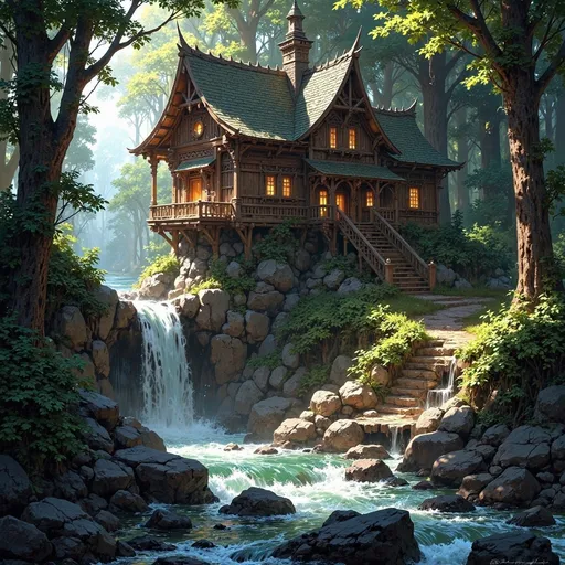 Prompt: Envision a dwelling that emerges gracefully from the heart of an ancient forest, a masterful fusion of sturdy, dark-hewn timber and rugged, unmortared stone, nestled into a natural hollow. Alongside the swelling is a swift, crystal-clear river, its waters shimmering like polished glass as they race over smooth stones, creating the gentle sound of rushing water. Sunlight filters softly through the dense canopy above, casting ethereal patterns on the forest floor, while shafts of golden light illuminate the dwelling’s textured surfaces, enhancing the rich browns and deep grays of the wood and stone. Moss and creeping vines entwine around the structure, as if nature itself is embracing this serene sanctuary. The air is thick with the scent of damp earth and the distant sounds of rustling leaves create a gentle symphony. Consider framing this enchanting scene with cinematic lighting to evoke a sense of tranquility and hidden magic.