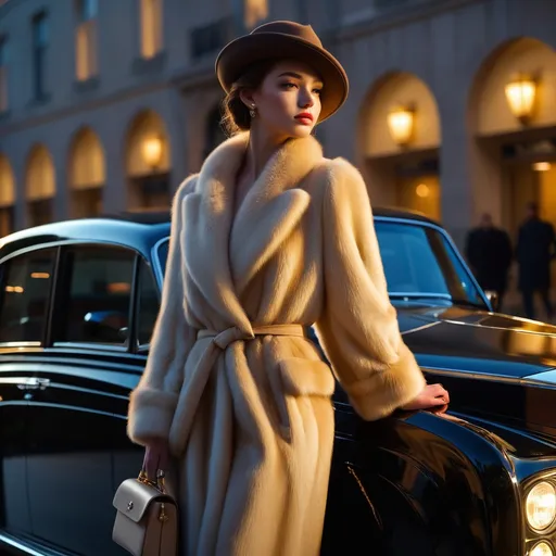 Prompt: A beautiful elegant 20 year old woman, clad in a fur coat and hat, steps out of the back of her Rolls Royce, assisted by the valet.