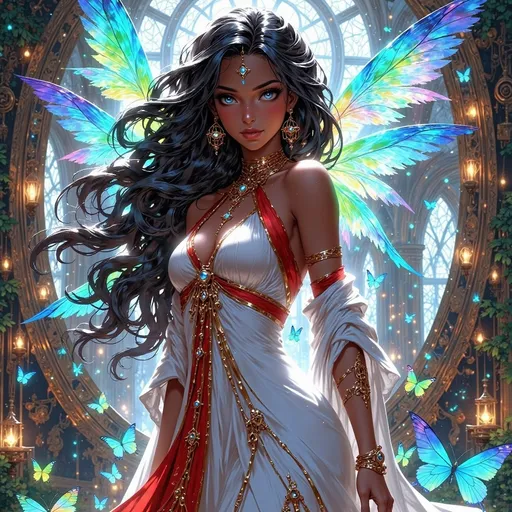 Prompt: A stunning young Black woman with an ethereal face of dark chocolate skin and luxurious white dread locs stands gracefully amidst a vibrant fantasy landscape. Her striking gold eyes shimmer with enchantment, reflecting a soft, magical glow. She is depicted in full body wearing a white, red and turquoise robes with gold embroidery, surrounded by whimsical, fantastical elements such as glowing flora, shimmering crystals, and floating orbs, all bathed in enchanting, luminous light. The scene exudes a dreamy, otherworldly atmosphere with lush, saturated colors, intricate details, and a sense of high depth, creating a captivating and imaginative composition. Style inspired by dreamy watercolor illustrations with cinematic lighting, photorealistic details, and a whimsical, magical vibe.