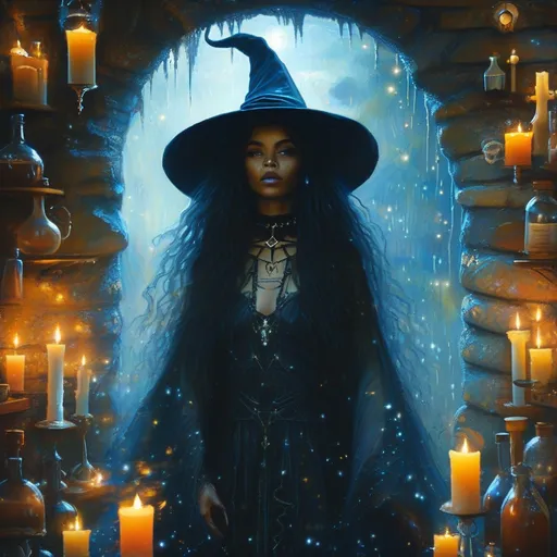 Prompt: Visualize a beautiful black witch, her skin glowing like polished obsidian, stepping gracefully through a shimmering, iridescent portal in her dimly lit basement. The air around her crackles with the energy of magic, dust motes illuminated by the flickering light of enchanted candles lining the stone walls. She wears an elegantly flowing robe adorned with celestial patterns, swirling with shades of midnight blue and silver. Her hair cascades down her shoulders like a waterfall of locs, framing her face, which is set with a confident yet serene expression. The basement itself is filled with arcane artifacts and potion vials, casting shadows that dance in the warm light. Outside the portal, a twilight sky hints at a magical realm, suffusing the scene with an otherworldly glow. This ethereal moment is captured in a dark fantasy concept art style, rich with detail and atmospheric depth.