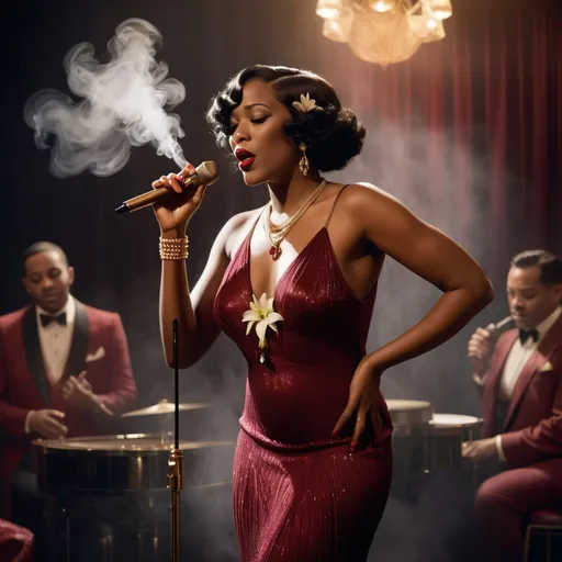 Prompt: A soulful black jazz singer, dressed in a luxurious 1920s style ruby dress, gold jewelry and a white lily in her fingerwaved hair, stands confidently center stage at the microphone, her voice pouring out like honey as she sings her heart out in a dimly lit, smoke-filled club, the air thick with the scent of cigarette smoke and whiskey, reminiscent of the iconic styles of Erté, Gustav Klimt, and Hopper, with bold, expressive brushstrokes and a muted, film noir-inspired color palette. The overall style is reminiscent of vintage art deco illustrations, enhancing the timeless elegance of their romance.
