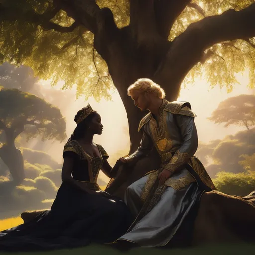 Prompt: A loving young couple relaxes beneath the sprawling shade of an ancient, majestic tree in a lush, vibrant kingdom. The sun filters softly through the leaves, casting dappled light on their serene faces. The beautiful black Queen consort, dressed in a flowing, silky silk dress that catches the gentle breeze, gazes at her partner with tender affection. The striking blond Emperor, wearing a causal white pirate shirt and dark trousers, leans comfortably against her, a warm smile on his face. In the distance, their magnificent kingdom sprawls across rolling hills, with grand castles and lively villages glowing softly under a golden sunset. The scene exudes romance and tranquility, captured in cinematic lighting with a touch of dreamy fantasy.