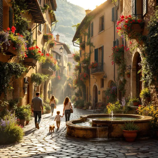 Prompt: A picturesque Italian village alcove, bathed in the warm golden light of late afternoon sun, casts long shadows across the cobblestone stones. A classic stone fountain, with water cascading gently over moss-covered edges, creates a soothing melody amidst the pleasant hum of nearby conversations. Each window held colorful window boxes overflow with blooming flowers in vibrant reds, yellows, and blues, their petals fluttering in a soft breeze that carries the delicate scent of lavender and rosemary. A couple strolls hand-in-hand, their laughter mingling with the sound of the water, while a small child chases after a playful dog, their joy painting the scene with life. This enchanting atmosphere could be beautifully captured in a cinematic, photorealistic style, showcasing the village's charm and tranquility.