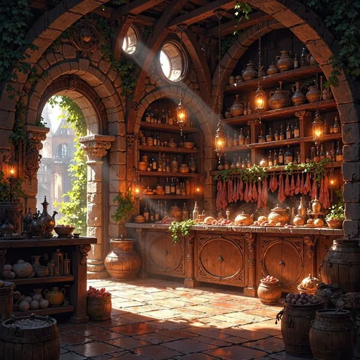 Prompt: Envision a cozy yet dramatic fantasy scene set within a large Hobbit food pantry, bathed in warm, cinematic lighting that spills through rounded windows, casting playful shadows across the stone walls. The rich aroma of fresh baked goods wafts through the air, inviting you closer. Shelves sag under the weight of various colorful cheeses, while clusters of vibrant herbs dangle from the ceiling, their leaves whispering secrets in the gentle breeze. Barrels aged to perfection brim with rich wines and honeyed meads, their wooden surfaces reflecting the flickering light of nearby lanterns. Slabs of succulent meat hang enticingly, and the pantry is alive with the bustling energy of whimsical Hobbit chefs preparing for a feast, their cheerful laughter echoing amidst the abundance. This enchanting scene captures the essence of comfort and delight, perfect for a dark fantasy concept art illustration.
