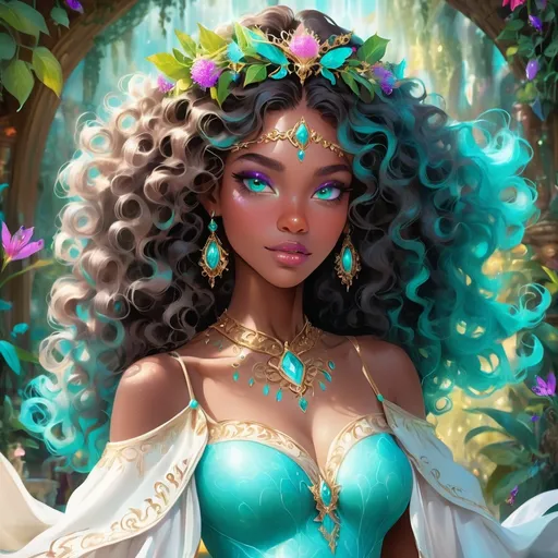 Prompt: (beautiful young black woman), vibrant fantasy style, dark chocolate skin, luxurious white curly/coily hair, striking turquoise eyes, a diadem, magical atmosphere, enchanting light, whimsical background filled with fantastical elements, lush colors, dreamy vibe, high depth, ultra-detailed, captivating and imaginative composition.