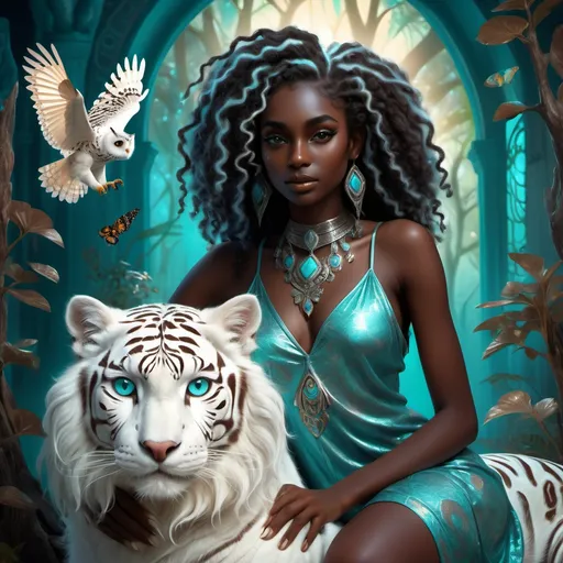 Prompt: (beautiful young black woman), full body, vibrant fantasy style, dark chocolate skin, luxurious white curly/coily hair, striking turquoise eyes, pet white owl and pet white tiger, magical atmosphere, enchanting light, whimsical background filled with fantastical elements, lush colors, dreamy vibe, high depth, ultra-detailed, captivating and imaginative composition.