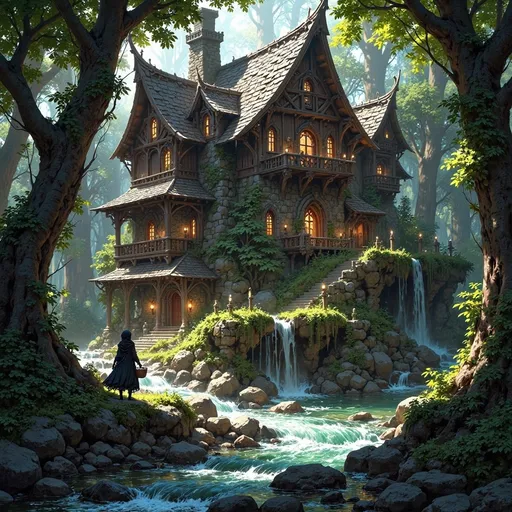Prompt: Envision a humongous dwelling that emerges gracefully from the heart of an ancient forest, a masterful fusion of sturdy, dark-hewn timber and rugged, unmortared stone, nestled into a natural hollow. Alongside the swelling is a swift, crystal-clear river, its waters shimmering like polished glass as they race over smooth stones, creating the gentle sound of rushing water. Sunlight filters softly through the dense canopy above, casting ethereal patterns on the forest floor, while shafts of golden light illuminate the dwelling’s textured surfaces, enhancing the rich browns and deep grays of the wood and stone. Moss and creeping vines entwine around the structure, as if nature itself is embracing this serene sanctuary. The air is thick with the scent of damp earth and the distant sounds of rustling leaves create a gentle symphony. A young beautiful woman carries a basket on her basket, helping her parents with their garden harvest. Consider framing this enchanting scene with cinematic lighting to evoke a sense of tranquility and hidden magic.
