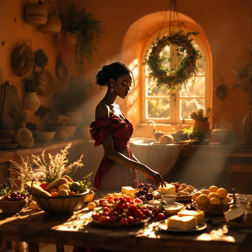 Prompt: In a sun-drenched, old-fashioned Mediterranean kitchen, a poised black gentlewoman prepares to enjoy a small feast set before her on a rustic wooden table. The walls, painted in warm terracotta hues, are adorned with woven baskets and dried herbs, while sunlight pours in through a dusty window, casting soft, golden rays that illuminate her graceful figure. She wears a flowing, elegant dress, its deep burgundy folds highlighted by the light. Her expression is one of serene anticipation as she gently touches the vibrant array of fresh fruits, crusty bread, and fragrant cheeses. The faint sound of birds chirping outside adds a harmonious backdrop to this intimate setting. The scene captures a moment of calm luxury, perfect for a cinematic lighting style that enhances the warmth and texture of this serene culinary retreat.