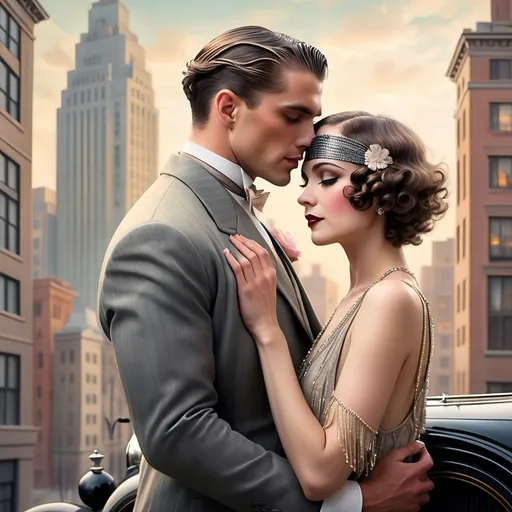 Prompt: Romance novel style book cover with a handsome man holding a gorgeous black woman, 1920s style outfits and background. Interracial couple.