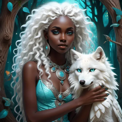 Prompt: (beautiful young black woman), full body, vibrant fantasy style, dark chocolate skin, luxurious white curly/coily hair, striking turquoise eyes, pet white owl and pet white wolf, magical atmosphere, enchanting light, whimsical background filled with fantastical elements, lush colors, dreamy vibe, high depth, ultra-detailed, captivating and imaginative composition.