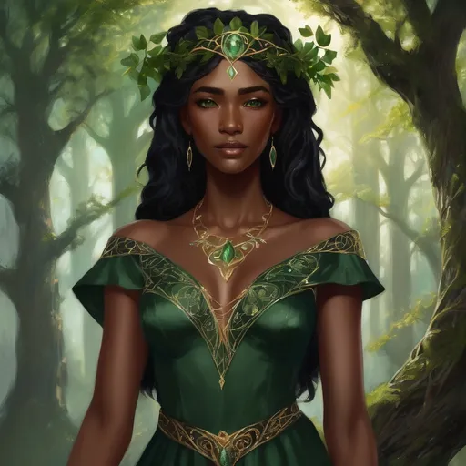 Prompt: A beautiful black woman with green eyes wore a gown of deep forest green, simple in cut but intricately embroidered with symbols of growing things – winding vines, delicate moonpetal, and the majestic Eldorian oak. Her crown was a **delicate, interwoven circlet of polished Eldorian bronze**, shaped like twin branches reaching skyward, adorned with a single, clear river stone at its fore. pre-Raphaelite time-lapse motion blur, High resolution, detailed portrait, ethereal atmosphere,  black curly hair, dark brown skin, red lips, captivating eyes, cosmic mystical aura, vibrant colors, soft lighting, professional, digital painting, enchanting presence, fantasy, dreamy, female, mystical, detailed hair, captivating gaze, professional lighting, hyper realistic, HD 4k 3D, professional modeling, ethereal, gorgeous face, ambient divine glow, detailed and intricate, elegant, ethereal, mythical, goddess, radiant lighting,