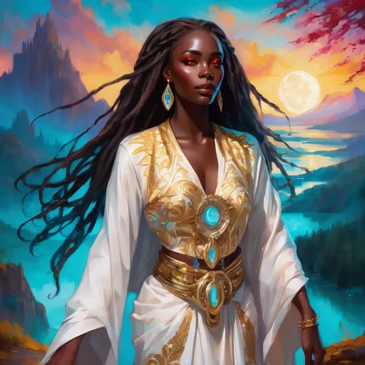 Prompt: A stunning young Black woman with an ethereal face of dark chocolate skin and luxurious white dread locs stands gracefully amidst a vibrant fantasy landscape. Her striking gold eyes shimmer with enchantment, reflecting a soft, magical glow. She is depicted in full body wearing a white, red and turquoise gown & robes with gold embroidery and shimmering moonstone jewelry, surrounded by whimsical, fantastical elements such as glowing flora, shimmering crystals, and floating orbs, all bathed in enchanting, luminous light. The scene exudes a dreamy, otherworldly atmosphere with lush, saturated colors, intricate details, and a sense of high depth, creating a captivating and imaginative composition. Style inspired by dreamy watercolor illustrations with cinematic lighting, photorealistic details, and a whimsical, magical vibe.