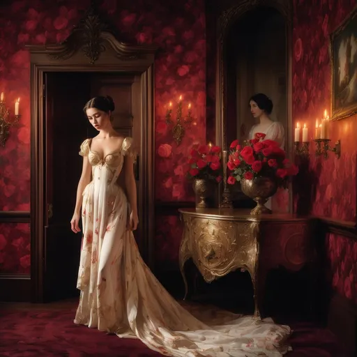 Prompt: In a lavishly adorned room filled with vibrant roses and intricate floral decorations, a young woman in a flowing white gown delicately leans toward a candle, illuminating her graceful features and cascading dark hair. The scene conveys opulence and intimacy, with the rich red wallpaper enhancing the romantic atmosphere. In the background, a man stands at an elegantly carved door, his gaze fixed on her, suggesting a moment of longing or surprise. The warm, soft lighting accentuates the textures and details, creating a captivating narrative of beauty and anticipation intertwined within this enchanting setting.