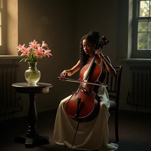 Prompt: In a very dark room a young, beautiful black woman wearing a white satin dress with thin straps and long curly hair craft into an elegant hairstyle sitting on a chair playing the cello. Next to her on a round table, there is a crystal vase with a bouquet of pink lilies. The dim gold light from a window softly illuminates her casting a moody atmosphere. Dust particles float in the air and the light reflected from the crystal vase adding to the ethereal ambiance