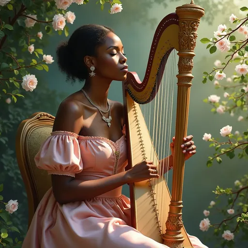 Prompt: A young Black noblewoman dressed in an elegant Regency-era silk gown of shimmering rose & pale pink, seated gracefully in a lush, sunlit garden. Soft, dappled sunlight filters through blooming jasmine vines, casting a gentle glow on her poised figure. Her serene expression reflects deep concentration as she delicately plucks the strings of a vintage harp, surrounded by delicate white roses and whispering greenery. The scene exudes a tranquil, romantic ambiance with a touch of historical refinement, rendered in a dreamy, painterly style that emphasizes the richness of the textures and the elegance of the moment.