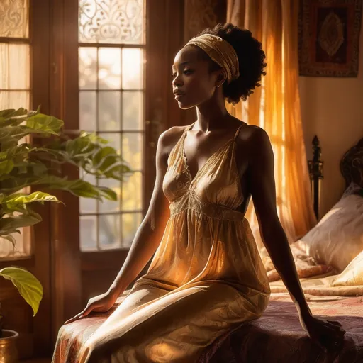 Prompt: An African princess awakens gracefully in her spacious opulent bedroom, her radiant skin glowing under the golden sunlight pouring through an ornate balcony. Soft rays highlight her elegant features and silk nightgown, casting warm patterns across richly textured fabrics and vibrant textiles adorning the room. Gentle morning light filters through lush greenery outside, creating a serene, regal atmosphere filled with warmth and tranquility. The scene is captured in a cinematic, photorealistic style that emphasizes the luminous quality of her skin and the luxurious details surrounding her, evoking a sense of peaceful elegance and regal splendor.