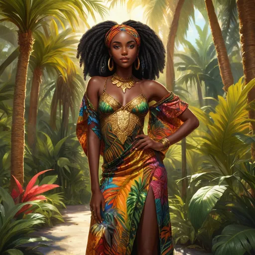 Prompt: A full-body, highly detailed fantasy illustration of a beautiful 21-year-old black noble woman with radiant black skin, standing gracefully in a lush tropical garden bathed in warm, dappled sunlight filtering through towering palm trees. She wears a vibrant, colorful African-style garment with intricate patterns that flow elegantly around her, accented by delicate gold and beaded jewelry that glints softly. Her elegant hairstyle is styled with intricate braids and adornments, enhancing her regal presence. Her expression is shy and bashful, eyes cast downward with a gentle blush. The scene exudes a rich, magical atmosphere, with lush greenery, blooming tropical flowers, and a sense of serene enchantment. Rendered in a cinematic, photorealistic style with vibrant colors, fine details, and soft lighting to evoke an RPG-fantasy mood.