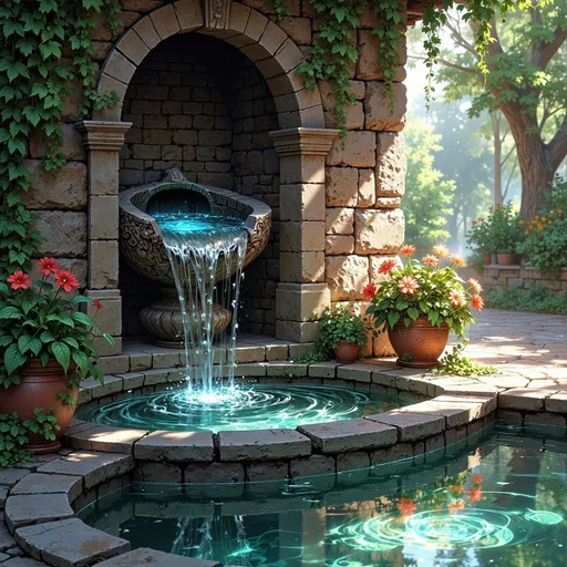 Prompt: A serene scene unfolds as clear water cascades gently from a stone spout, creating ripples in the still surface of a shallow basin below. The rustic charm of the weathered stone wall is complemented by vibrant green vines climbing alongside, while a burst of color from a potted flowering plant adds warmth to the setting. Sunlight filters through the foliage, casting dappled patterns on the smooth edges of the stone structure, hinting at a tranquil afternoon. The overall atmosphere exudes relaxation and natural beauty, reminiscent of a peaceful garden retreat, inviting one to pause and enjoy the soothing sounds of flowing water.