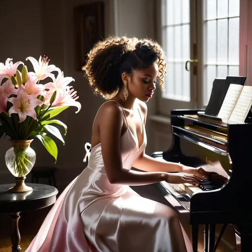 Prompt: In a very dark room a young, beautiful black woman wearing a white satin dress with thin straps and long curly hair craft into an elegant hairstyle sitting on a chair playing the piano. Next to her on a round table, there is a crystal vase with a bouquet of pink lilies. The dim gold light from a window softly illuminates her casting a moody atmosphere. Dust particles float in the air and the rainbow lights dancing on the walls from sunlight reflecting from the crystal vase adding to the ethereal ambiance