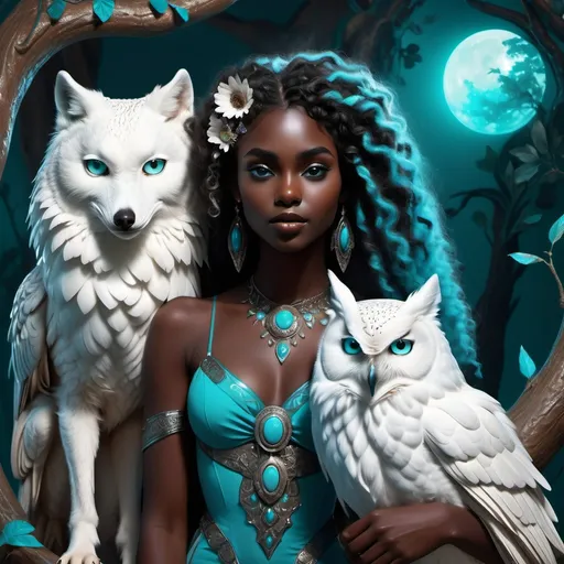 Prompt: (beautiful young black woman), full body, vibrant fantasy style, dark chocolate skin, luxurious white curly/coily hair, striking turquoise eyes, pet white owl, pet black wolf, magical atmosphere, enchanting light, whimsical background filled with fantastical elements, lush colors, dreamy vibe, high depth, ultra-detailed, captivating and imaginative composition.