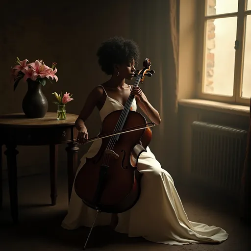 Prompt: In a very dark room a young, beautiful black woman wearing a white satin dress with thin straps and curly hair swept into an elegant hairstyle sitting on a chair playing the cello. Next to her on a round table there is a vase with a bouquet of pink lilies. The dim gold light from a window softly illuminates her casting a moody atmosphere. Dust particles float in the air adding to the ethereal ambiance