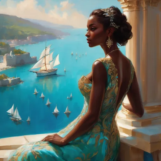 Prompt: Gazing from a high vantage point, a brown-skinnes regal figure clad in an intricately designed gown contemplates the enchanting panorama before her. Below stretches a vibrant bay where majestic sailing ships, their white sails catching the breeze, glide across crystal-clear waters reflecting hues of turquoise. Dominating the scene, a grand castle rises among the lush, green hills, its spires and towers lending a fairy-tale quality to the landscape, while quaint villages dot the coastline. Fluffy white clouds play across a bright blue sky, accentuating the idyllic essence of this fantasy realm, where the air is filled with a sense of adventure and promise. The overall composition evokes a captivating blend of wonder and tranquility, immersing the viewer in a world that feels both timeless and magical.