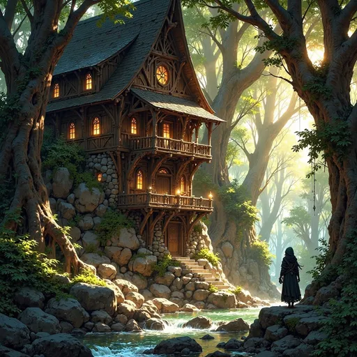 Prompt: Envision a ginormous dwelling that emerges gracefully from the heart of an ancient forest, a masterful fusion of sturdy, dark-hewn timber and rugged, unmortared stone, nestled into a bass of a moss-covered granite cliff. Alongside the swelling is a swift, crystal-clear river, its waters shimmering like polished glass as they race over smooth stones, creating the gentle sound of rushing water. Sunlight filters softly through the dense canopy above, casting ethereal patterns on the forest floor, while shafts of golden light illuminate the dwelling’s textured surfaces, enhancing the rich browns and deep grays of the wood and stone. Moss and creeping vines entwine around the structure, as if nature itself is embracing this serene sanctuary. The air is thick with the scent of damp earth and the distant sounds of rustling leaves create a gentle symphony. A young beautiful woman carries a basket on her basket, helping her parents with their garden harvest. Consider framing this enchanting scene with cinematic lighting to evoke a sense of tranquility and hidden magic.
