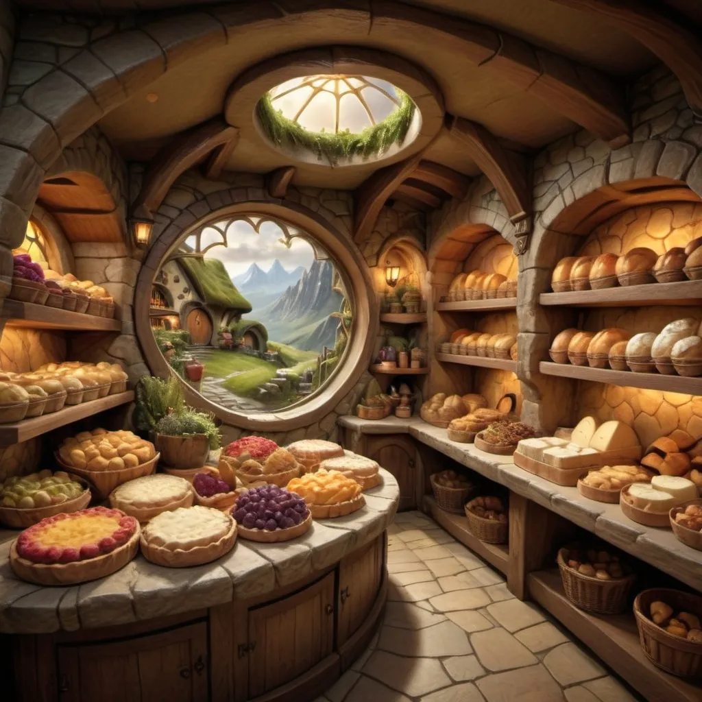 Prompt: small settlement, dramatic fantasy settlement scene, cinematic lighting, Hobbit food pantry, fantasy, variety of food, herbs hanging, barrels of wine and mead, large size pantry, slabs of meat hanging, fresh baked goods, blocks of cheeses