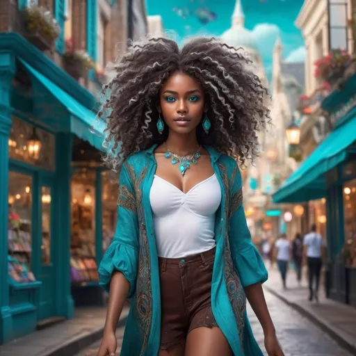 Prompt: Tall young woman walking down the high street, detailed clothing, realistic, (beautiful young black woman), vibrant fantasy style, dark chocolate skin, luxurious white curly/coily hair, striking turquoise eyes, magical atmosphere, enchanting light, whimsical background filled with fantastical elements, lush colors, dreamy vibe, high depth, ultra-detailed, captivating and imaginative composition.