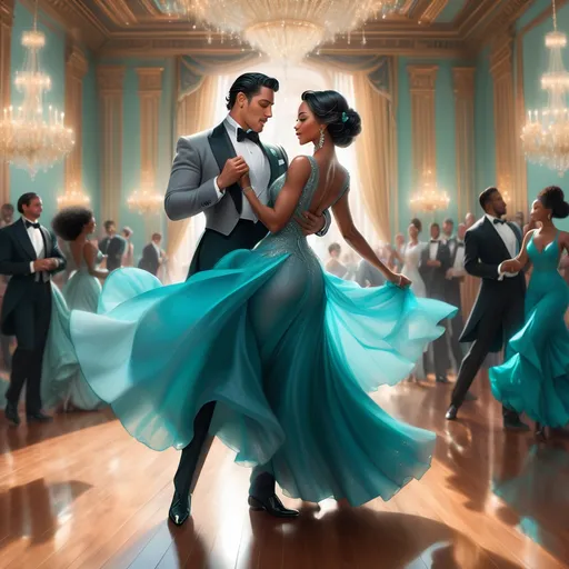 Prompt: In a lavish Victorian-style ballroom, elaborate chandeliers cast sparkling light onto a polished wooden floor, reflecting the joyous atmosphere. A handsome Latino man in a sharp grey tuxedo, his slick black hair glistening with elegance, twirls gracefully with a stunning black woman. She wears a flowing turquoise dress that billows gently around her as she moves, paired with dazzling silver heels that catch the light with every step. Their laughter fills the air, creating a palpable sense of joy and connection. Soft, warm tones of gold and cream envelop the scene, enhancing the romantic, celebratory mood. This enchanting moment, captured in enchanting, realistic detail, showcases their elegance and chemistry amidst the ornate decor of the ballroom.