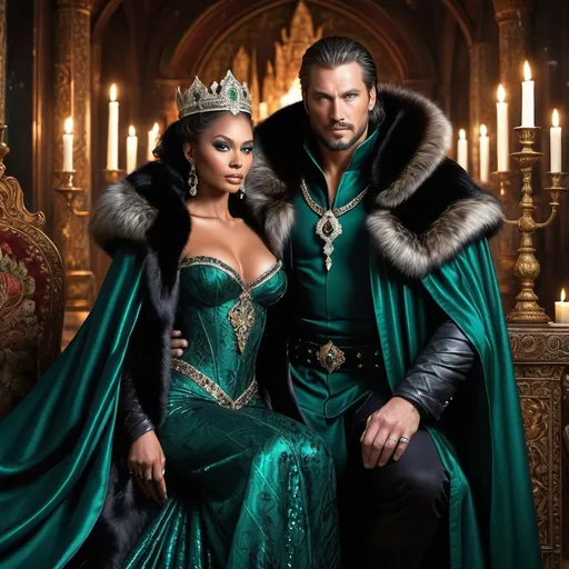 Prompt: Amidst a lavish, candlelit hall adorned with intricate tapestries depicting tales of valor, sits a Northern King, regal in his rich, dark furs, his piercing blue eyes reflecting the flickering candlelight. Across from him is his enchanting black Queen, draped in an dark, luxurious fur cloak that covered her elegant gown of deep emerald, her expressive eyes shimmering like jade, capturing the warmth of the moment. The long wooden table, beautifully set with fine porcelain and glistening silverware, is laden with an exquisite feast, the steam rising from the dishes merging with the golden glow surrounding them. Outside, a gentle snowfall blankets the land, the soft sound of wind harmonizing with their joyful laughter, creating a setting both intimate and majestic. The atmosphere is enchanting, captured in a cinematic, photorealistic style.
