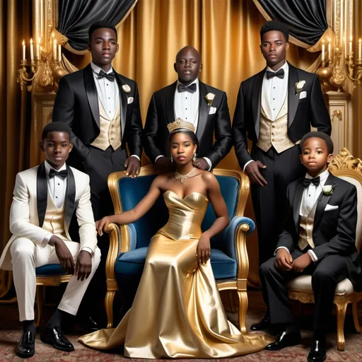 Prompt: A stunning black woman, with a silk gold gown, luxurious black stole and a diamond tiara, is sitting on a small throne surrounded by her various handsomevmale family members of different ages in tuxedos from her great grandfather, her father, uncles, older & younger brothers and cousins 