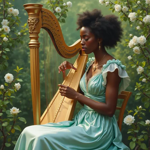 Prompt: A young Black noblewoman dressed in a Regency-era elegant silk gown of shimmering aqua and cream, seated gracefully in a lush, sunlit garden. Soft, dappled sunlight filters through blooming jasmine vines, casting a gentle glow on her poised figure. Her serene expression reflects deep concentration as she delicately plucks the strings of a vintage harp, surrounded by delicate white roses and whispering greenery. The scene exudes a tranquil, romantic ambiance with a touch of historical refinement, rendered in a dreamy, painterly style that emphasizes the richness of the textures and the elegance of the moment.