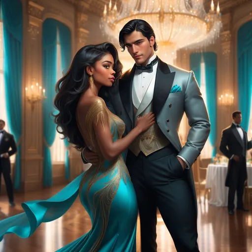 Prompt: A handsome Latino man in a grey tuxedo with slick black hair dancing with a beautiful black woman with long brown hair,  turquoise dress and silver heels in a Victorian style ballroom happily realistic 