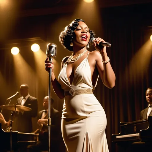 Prompt: A soulful black jazz singer, dressed in a luxurious 1920s style cream dress, gold jewelry and a white lily in her fingerwaved hair, stands confidently center stage at the microphone, her voice pouring out like honey as she sings her heart out in a dimly lit, smoke-filled club, the air thick with the scent of cigarette smoke and whiskey, reminiscent of the iconic styles of Erté, Gustav Klimt, and Hopper, with bold, expressive brushstrokes and a muted, film noir-inspired color palette. The overall style is reminiscent of vintage art deco illustrations, enhancing the timeless elegance of their romance.