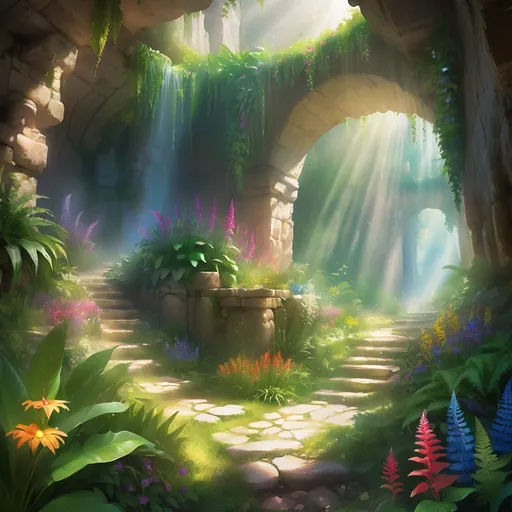 Prompt: A garden inside the mountains caverns..