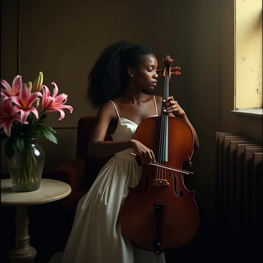 Prompt: In a very dark room a young, beautiful black woman wearing a white satin dress with thin straps and long curly hair craft into an elegant hairstyle sitting on a chair playing the cello. Next to her on a round table, there is a vase with a bouquet of pink lilies. The dim gold light from a window softly illuminates her casting a moody atmosphere. Dust particles float in the air adding to the ethereal ambiance