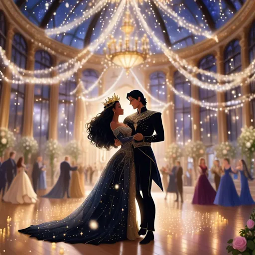 Prompt: A stunning black queen, adorned in an intricately beaded gown that shimmers like the night sky, dances gracefully with her devoted Northern King beneath a canopy of twinkling fairy lights. The atmosphere is electric, filled with warmth and joy as soft candlelight flickers around the grand hall, casting golden glows on the richly decorated walls. Surrounding them are lush floral arrangements in deep reds and purples, adding a regal touch to the scene. The queen's expression is one of serene joy, her flowing hair glowing against the gentle flames. The king, dressed in an elegant fur-lined cloak, gazes at her adoringly, their movements synchronized as if they are the very embodiment of love and unity. The scene is captured in a cinematic, romantic style, emphasizing the deep emotions of this magical moment.