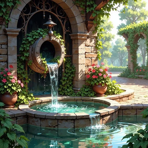 Prompt: A serene scene unfolds as clear water cascades gently from a stone spout, creating ripples in the still surface of a shallow basin below. The rustic charm of the weathered stone wall is complemented by vibrant green vines climbing alongside, while a burst of color from a potted flowering plant adds warmth to the setting. Sunlight filters through the foliage, casting dappled patterns on the smooth edges of the stone structure, hinting at a tranquil afternoon. The overall atmosphere exudes relaxation and natural beauty, reminiscent of a peaceful garden retreat, inviting one to pause and enjoy the soothing sounds of flowing water.