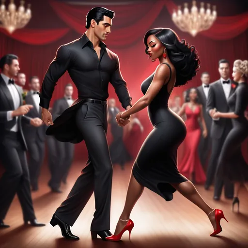 Prompt: A dashing Latino man with slick black hair dons a fitted black shirt and tailored slacks, exuding confidence as he leads a beautifully graceful black woman across the dance floor. She wears a matching black dress that flows elegantly around her as she moves, accentuated by her bold red heels and red rose in her hair. The dimly lit Argentinian-style club is alive with a warm, inviting atmosphere, where rustic wooden beams and vibrant murals hint at a rich cultural tapestry. Soft golden lights cast gentle shadows, illuminating the couple as they dance passionately, their eyes locked in a joyful connection. The vibrant sounds of the tango envelop them, transporting onlookers to a world of romance and rhythm. This scene captures the essence of life and dance in a cinematic, photorealistic style. 